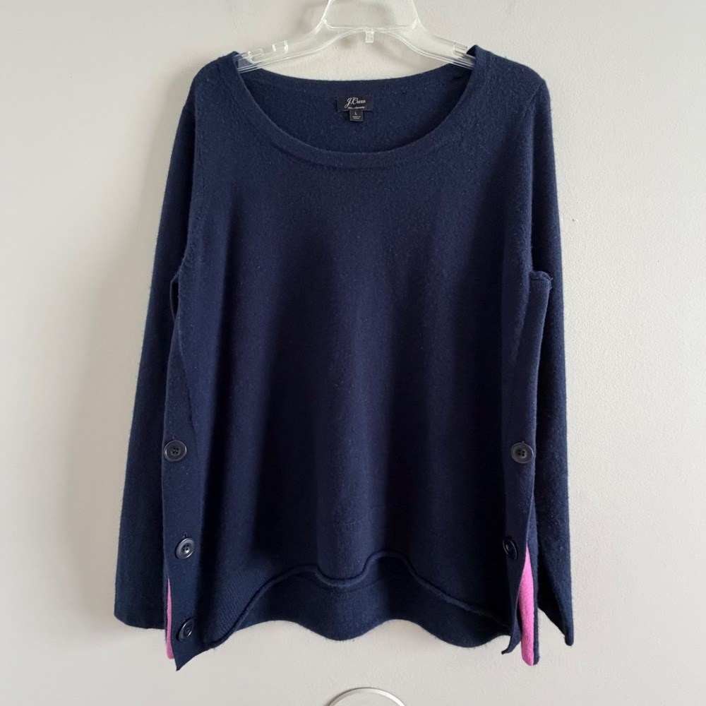 J.Crew Navy Blue 100% Cashmere Side Button Pink Trim Sweater size L